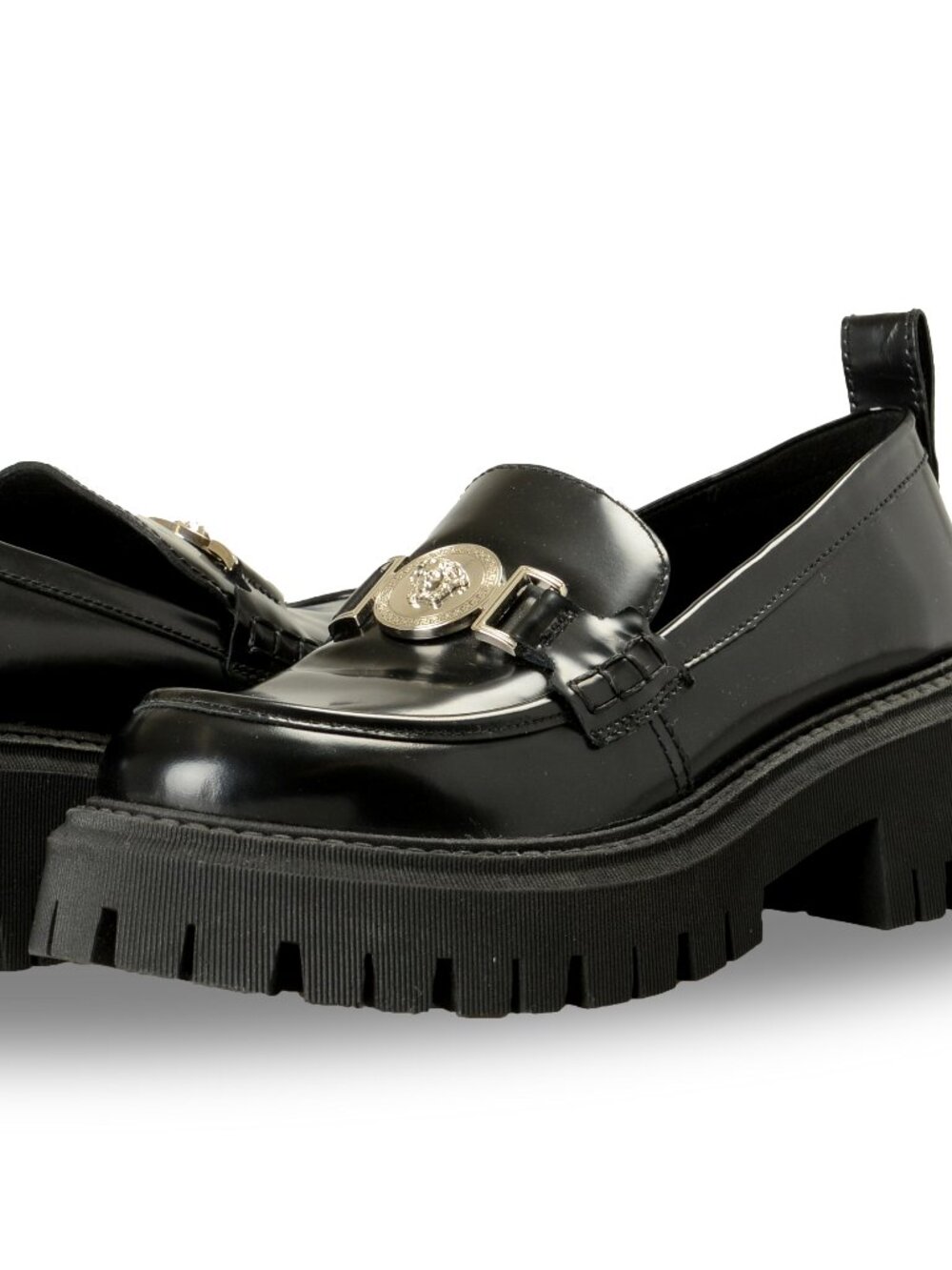 Versace Women's Black 100% Leather Silver Medusa Head Loafers Shoes US 5 IT 35